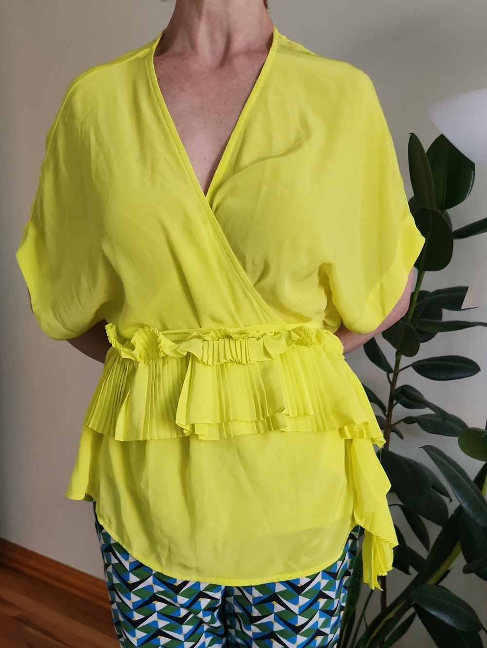 Yellow Pleated-Waist V-Neck Women's Top